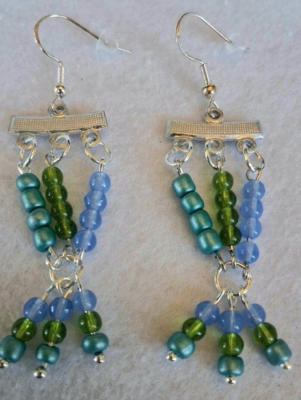 Handcrafted Blue & Green Beaded Dangle Pierced Earrings